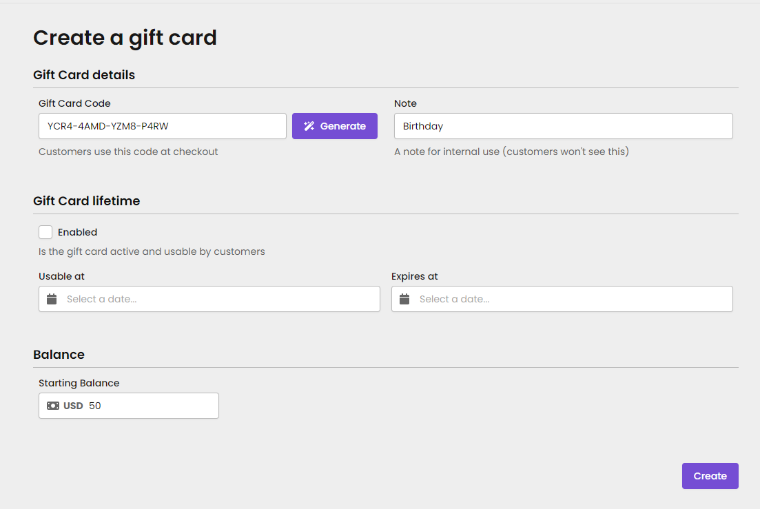 This image shows all of the fields that entails a gift card for a Paynow store such as the name, the code, the balance amount and timeline limitations.